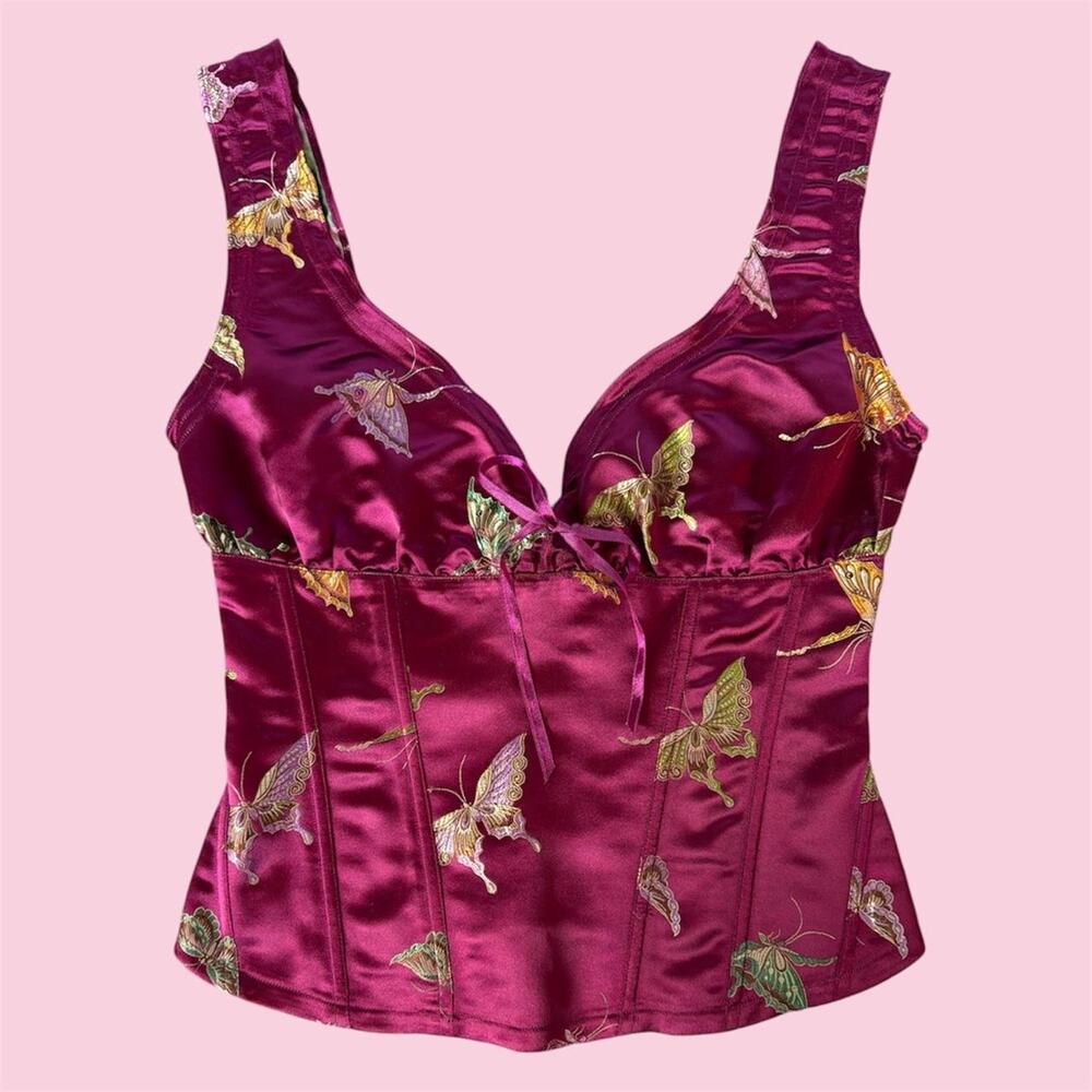 Vintage fairycore burgundy satin butterfly corset top with butterfly print